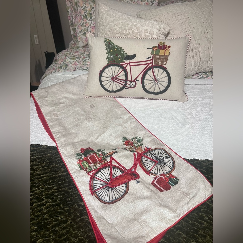 Christmas pillow 13 by 22 inch and table runner 14 by 70 inch. Bicycle themed